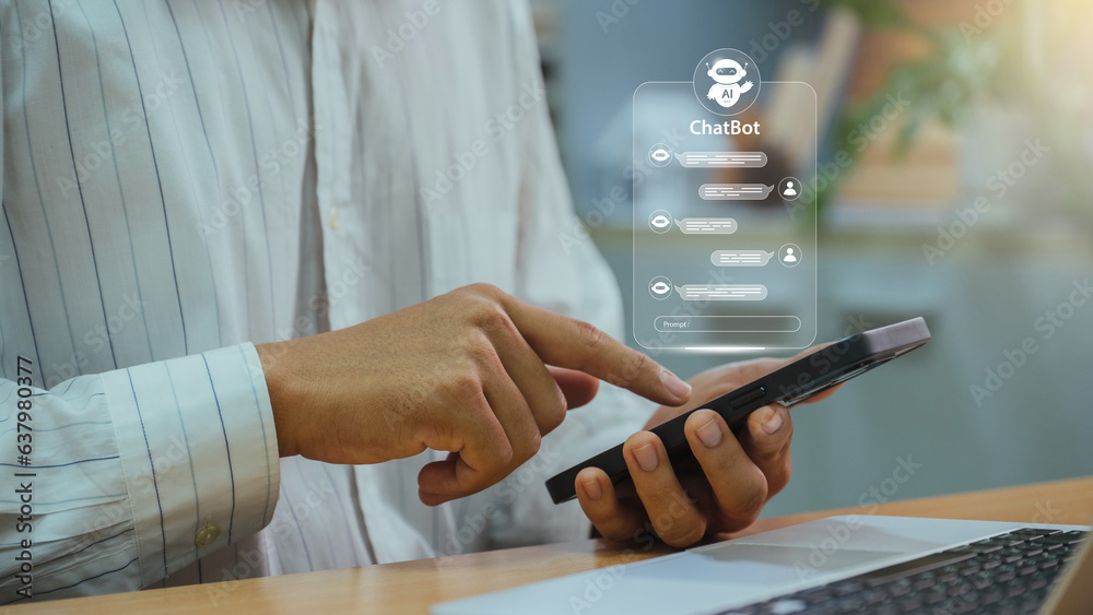 Aufkleber Business man using digital chatbot application Artificial Intelligence at home for online customer service. AI Chat Technology for Seamless Communication and Customer Engagement.