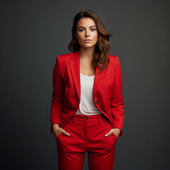 Young woman wearing red matching formal blazer and pants standing against dark background portrait - obrazy, fototapety, plakaty