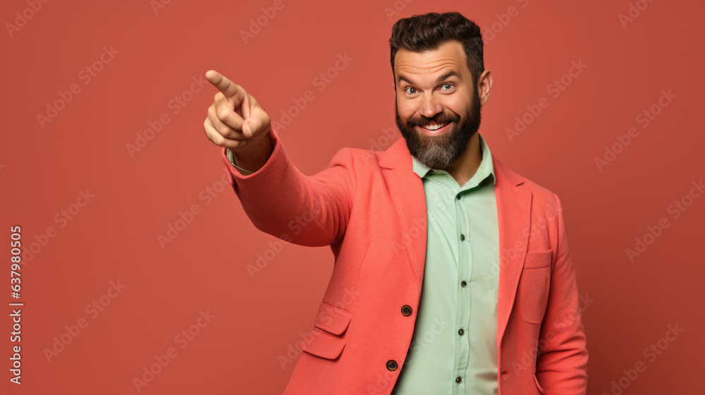 Wall mural Middle aged man wearing suit pointing with hand and finger to the side looking at the camera.