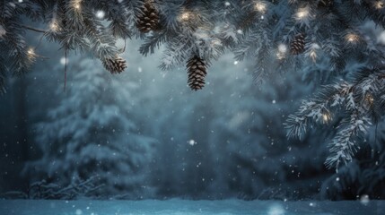 Copy space with christmas scene with pine cones and lights