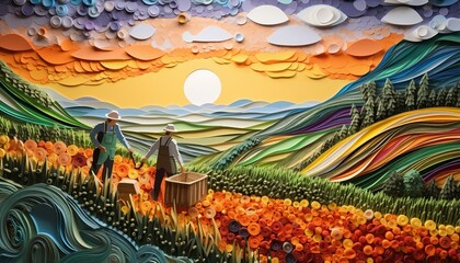 Quilling paper art of hardworking farmers plant crops in fields on colorful paper background