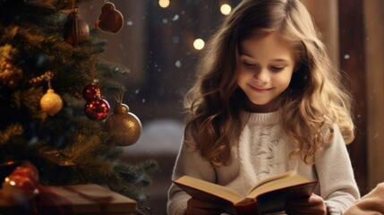 A little girl reading a book in front of a christmas tree