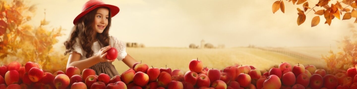 A little girl standing in a field of red apples