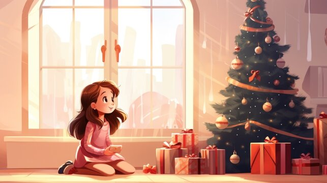 A girl sitting on the floor in front of a christmas tree