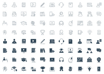 Education and learning line icon set. E-learning, graduation, diploma, online class, presentation, student and teacher icon vector illustration