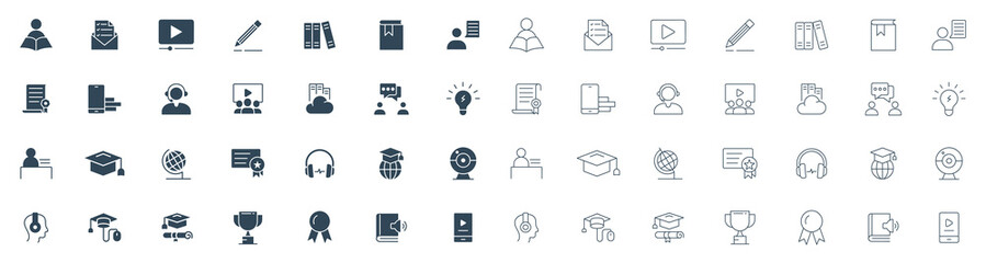 Business Training Related Line and solid Icons. online class, eLearning, Teacher, Class, Presentation, Video, Book, Mentoring icon set vector.