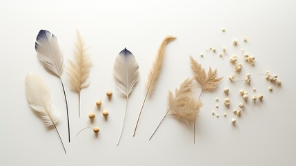 An elegant and minimalist flat lay with delicate dried leaves, translucent feathers, and ethereal light - Generative ai