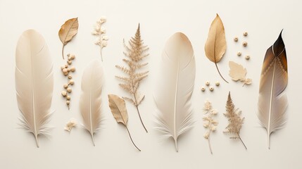 An elegant and minimalist flat lay with delicate dried leaves, translucent feathers, and ethereal light - Generative ai