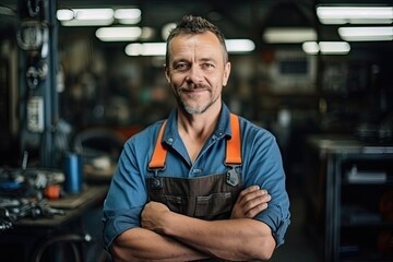 Man repairing a car in auto repair shop. Middle aged Caucasian man standing in his workshop and looking at camera.