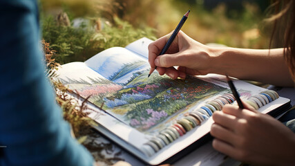 Nature Journaling: A close-up of a camper's hands, holding a sketchbook and colored pencils