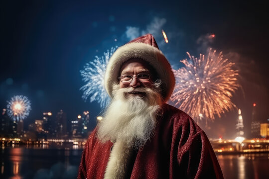 Real style Santa Claus against the background of the city and fireworks looks and smiles at the camera. New Year, celebration, Christmas. Generative AI.