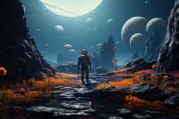 An alien landscape with floating rocks and plants, with a single astronaut exploring the scene