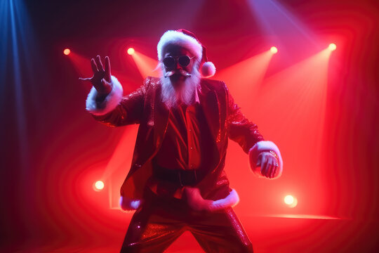 A real Santa Claus in a red sut and a Santa hat is looking at the room and laughing. Santa Claus himself is dancing on a bar stage, neon light Generative AI.