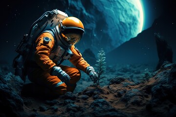 Astronaut growing plant, agriculture and farming on alien planet - obrazy, fototapety, plakaty