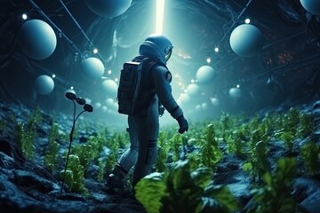 Astronaut growing plant, agriculture and farming on alien planet