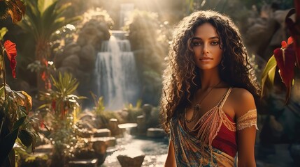 Portrait of a beautiful Moroccan girl on the background of a tropical garden. - obrazy, fototapety, plakaty