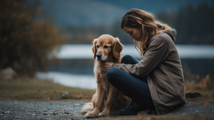 Depressed woman sits in nature next to a lake with her dog