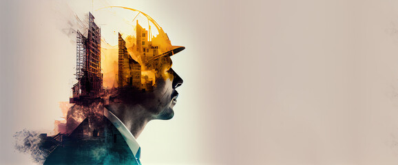 Banner of building construction engineering project devotion with double exposure design in head. Industrial and architecture - obrazy, fototapety, plakaty