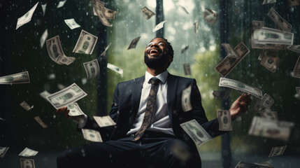 Young businessman stands under money fly rain. - obrazy, fototapety, plakaty