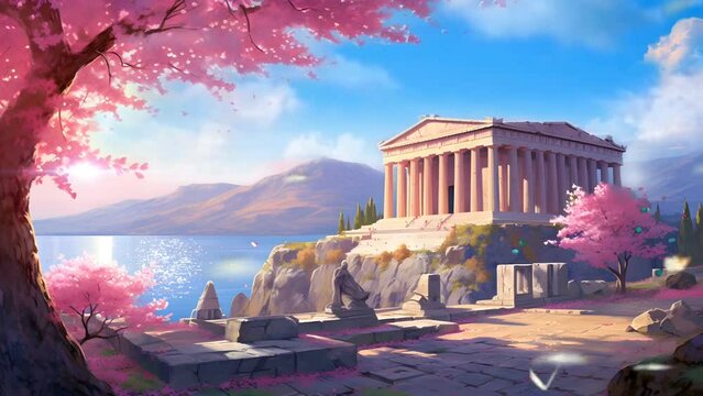Fantasy spring loop animation background. White temple with Sakura flowers. 4k resolution