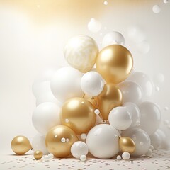 Balloons in gold and white colors on a white background for your celebration, generated by AI