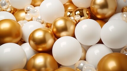 Balloons in gold and white colors on a white background for your celebration, generated by AI