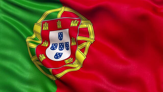 Seamless loop of Portugal flag waving in the wind. Realistic 3d animation loop with highly detailed fabric