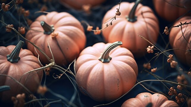 Generative AI, Halloween and Thanksgiving decoration for home and celebration concept, pumpkins and plants, autumn background