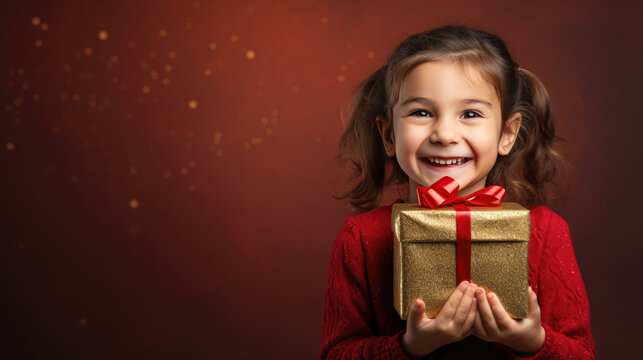 Happy smiling girl holding gift box on a colored background