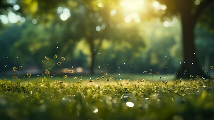 Image of a public park with a soft green hue, featuring a gentle blur and bokeh effect amid a...