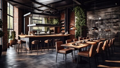 Interior of cozy restaurant, loft style, with bar and chairs with concrete walls and wooden floor indoors - obrazy, fototapety, plakaty