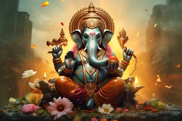 Tuinposter Ganesha Hindu God , with flowers, oil painting taken up into heaven, sitting in front of bokeh mandala background © CravenA