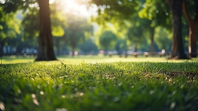 Image of a public park with a soft green hue, featuring a gentle blur and bokeh effect amid a cluster of trees. The abstract backdrop portrays a sunlit, blurred, and verdant parkland.