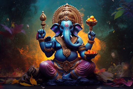 Ganesha Hindu God , with flowers, oil painting taken up into heaven, sitting in front of bokeh mandala background