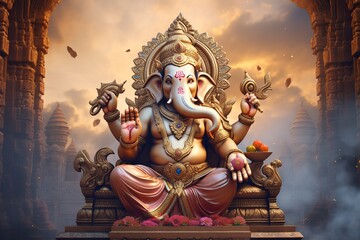 Ganesha Hindu God , with flowers, oil painting taken up into heaven, sitting in front of bokeh mandala background - obrazy, fototapety, plakaty