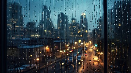 Rain on the window with a cityscape at night, generated by ai