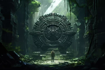 Foto op Canvas Mayan gate in the forest. An adventurer in a green tropical rainforest discovering a secret passage. Explorer walking through a secret gate © CravenA