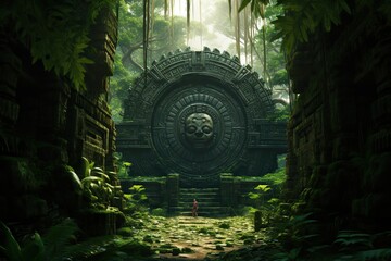 Mayan gate in the forest. An adventurer in a green tropical rainforest discovering a secret passage. Explorer walking through a secret gate - obrazy, fototapety, plakaty