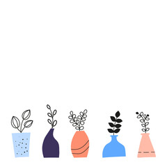 Poster with doodle wild plants, herbs, twigs, berries in vases.