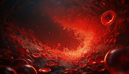 red blood cells circulating in the blood vessels, blood clot or thrombus blocking the red blood cells stream within an artery - obrazy, fototapety, plakaty