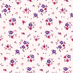 Seamless floral pattern, liberty ditsy print with drawing of mini cute plants. Pretty botanical design: small hand drawn daisy flowers, tiny leaves, bunches on a light background. Vector illustration.