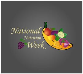 "National Nutrition Week''
Vector greeting of national Vegetarian Week vector banner design with geometric shapes, vegetables icon pattern, green background and typography. Vector illustration