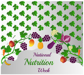 "National Nutrition Week''
Vector greeting of national Vegetarian Week vector banner design with geometric shapes, vegetables icon pattern, green background and typography. Vector illustration