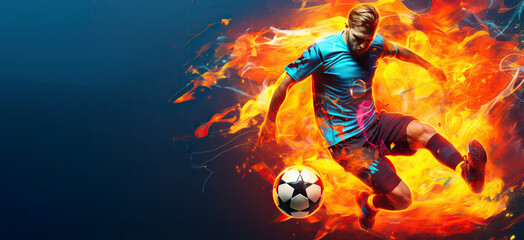 the essence of a soccer player in motion as they kick a ball with intense energy, surrounded by vibrant colors and splashes - obrazy, fototapety, plakaty