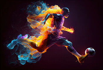 the essence of a soccer player in motion as they kick a ball with intense energy, surrounded by vibrant colors and splashes
