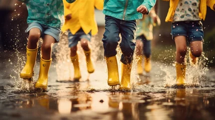  Several children wearing rain yellow boots, jumping and splashing in puddles as rain falls around them. Generative AI © piai