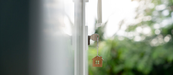 Landlord key for unlocking house is plugged into the door. Second hand house for rent and sale....