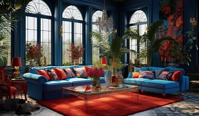the living room in a red and blue colors, in the style of maximalist