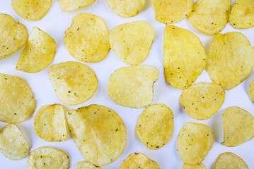 Potato chips on a white background.