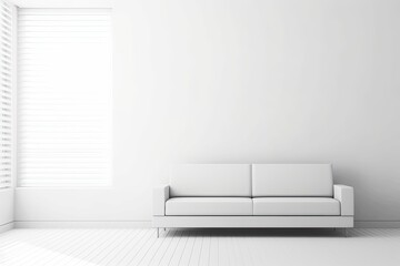 A draft of a project that is all white, copy space in the living room. a fabric couch with cushions and windows covered with venetian blinds. Interior design for a farmhouse